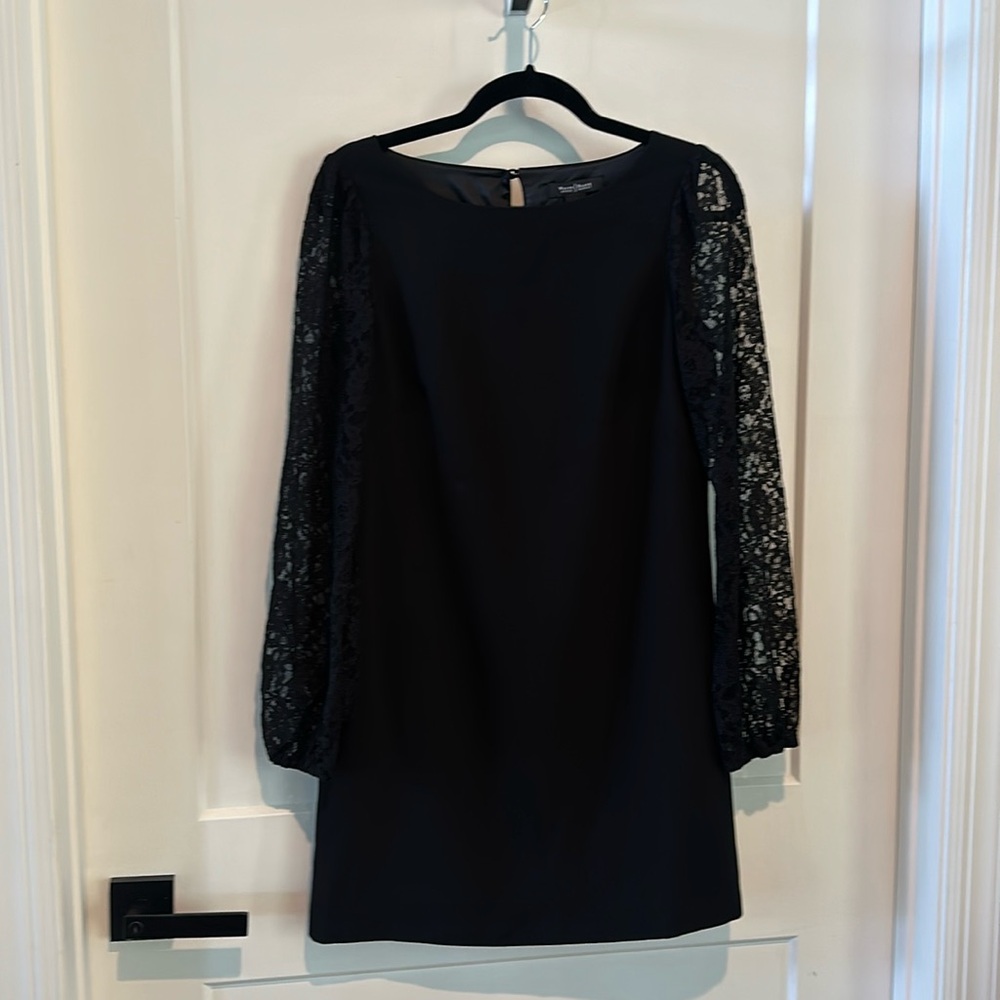 Like New White House Black Market A Line Black Dress w/ Lace Sleeves Size 2